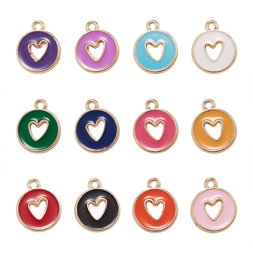 4323 60 pcs 12 Colors Enamel Valentine's Day Charms Round Hollow Heart